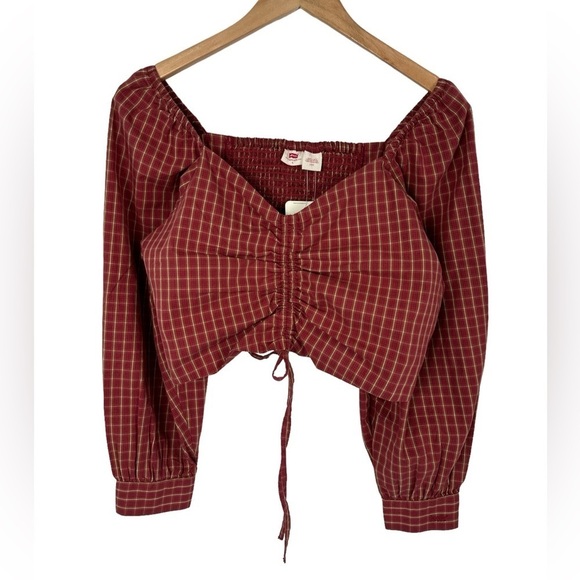 NWT Levi's Checkered Sweet Heart Neck Ruched Tie Front Crop Statement Top - Picture 3 of 13